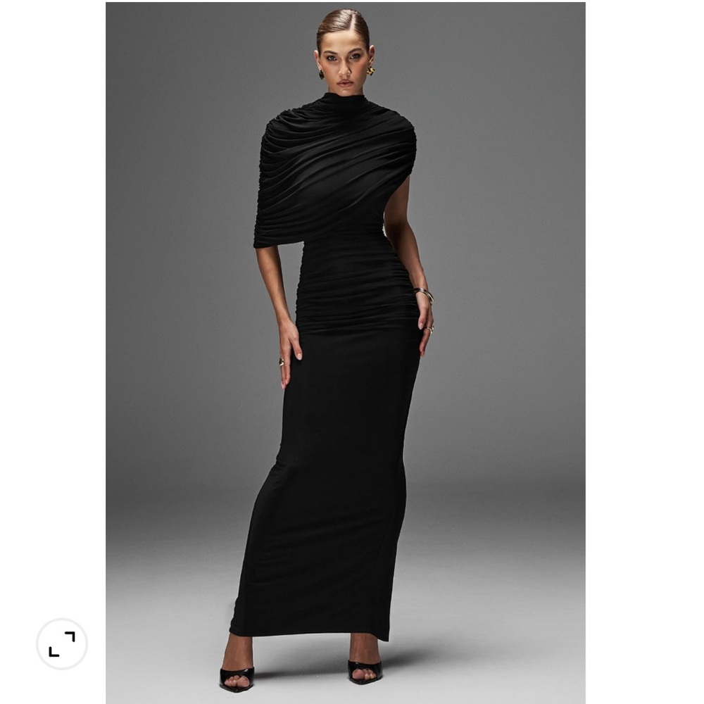 club london glitz black high neck maxi dress with cape sleeve and ruched detail